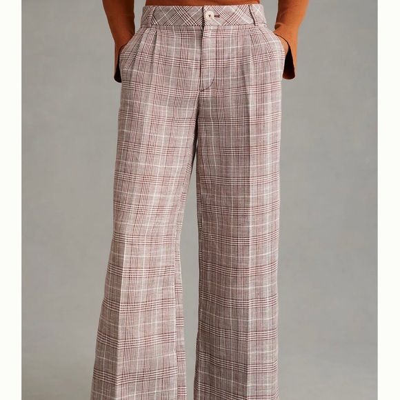 Maeve Pleated Plaid Brown High arise Linen Wide Leg Trousers Pants 0 - Picture 2 of 5